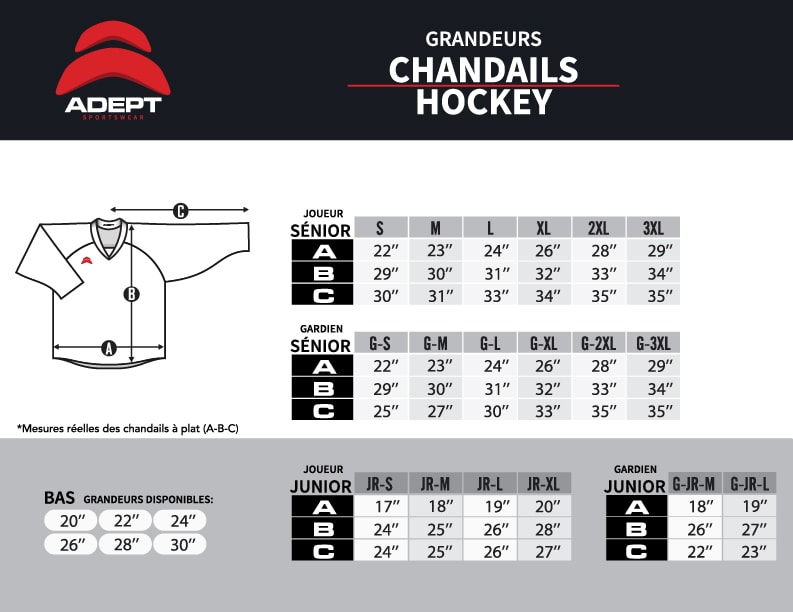 Charte de grandeur Chandails de hockey